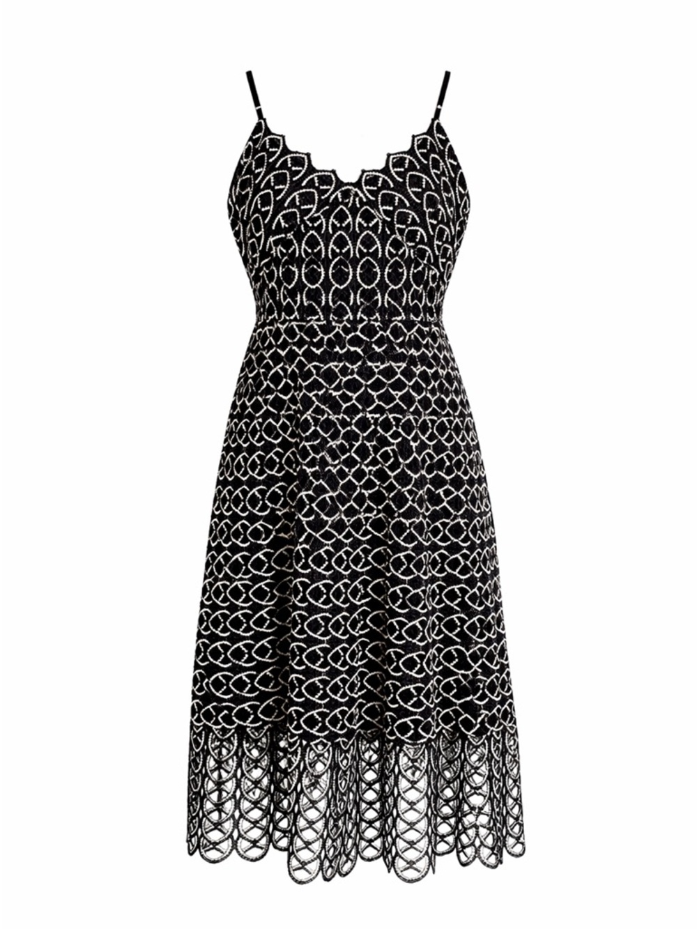GB Black Lace Scalloped Hem Sleeveless Midi Dress | Elegant Cocktail Party Dress